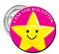 2.25-inch pinback button with hot pink background, yellow smiling star, and 'I AM THE BIG SISTER' text