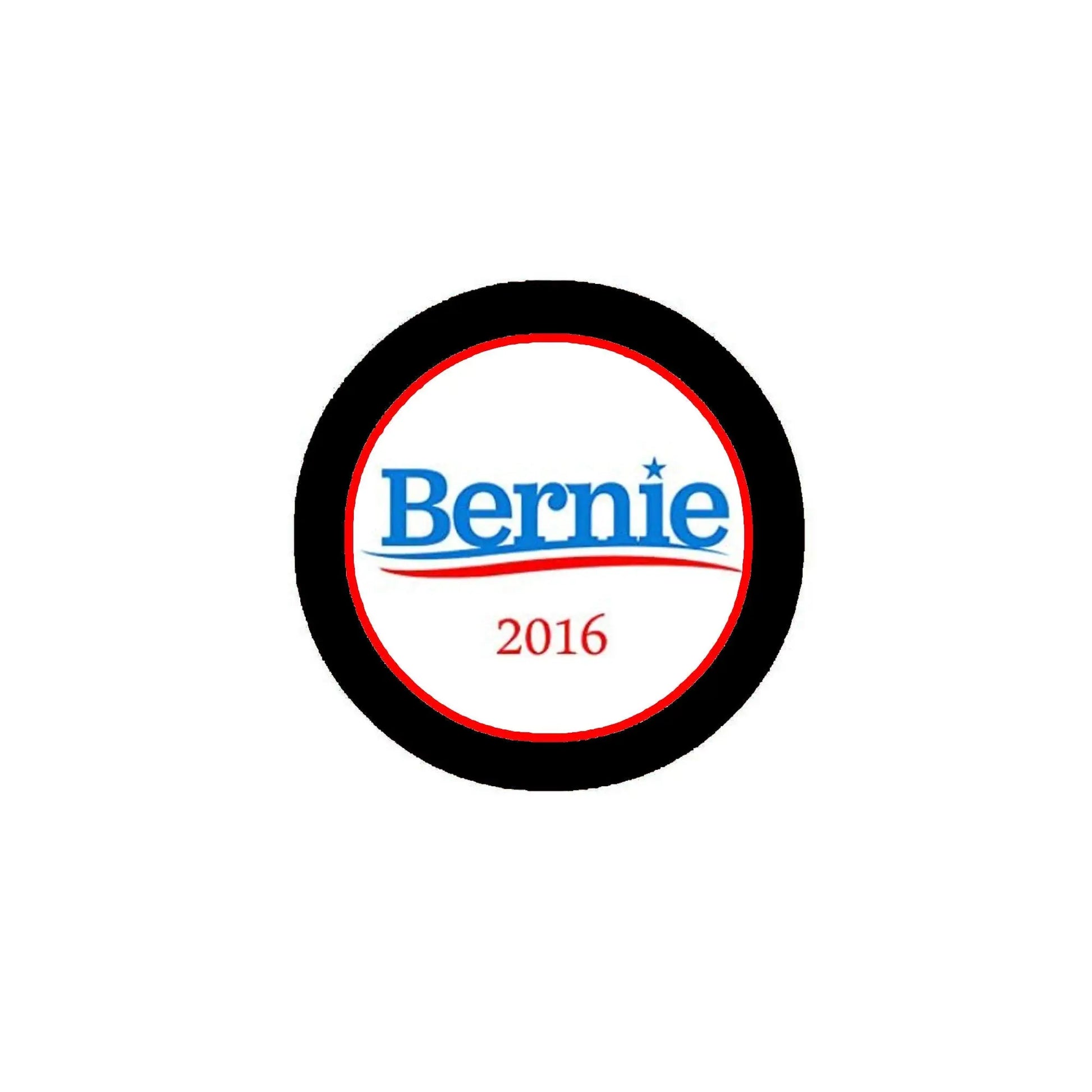 2016 Bernie pinback button with black rim, blue Bernie text and red 2016 on white