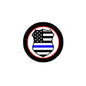 Round lapel pin with US flag crest and blue line, black border