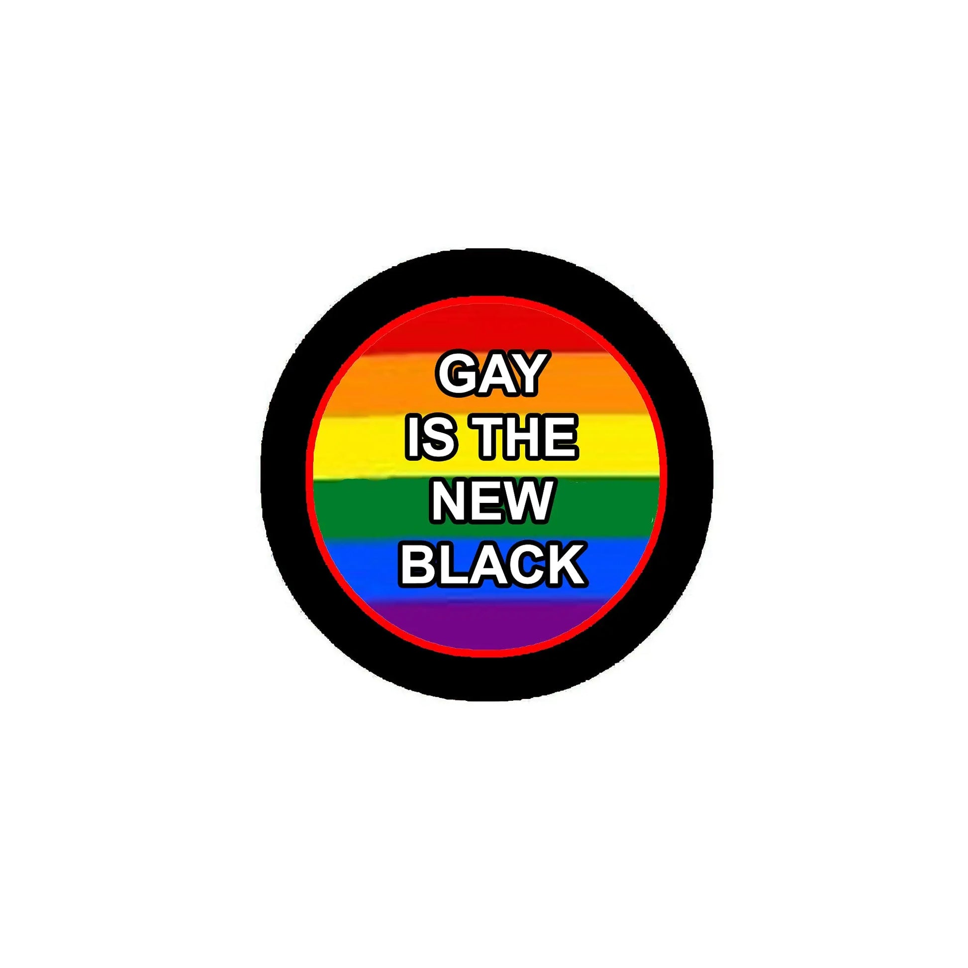 Round pinback button with rainbow stripes and text "GAY IS THE NEW BLACK"