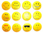 Set of 12 round yellow smiley face button badges with black facial expressions