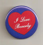 I Love Beverly pinback button, red heart on blue, 1.25-inch