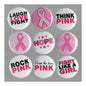 Breast cancer awareness pin buttons set with pink ribbon and bold hope text