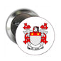 Round pinback badge with St. John coat of arms family crest, red and white enamel design