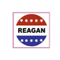 Circular pinback badge with REAGAN text and stars in red, white, and blue