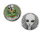 Circular Kathakali and alien pinback button set, green and black face designs on two pins