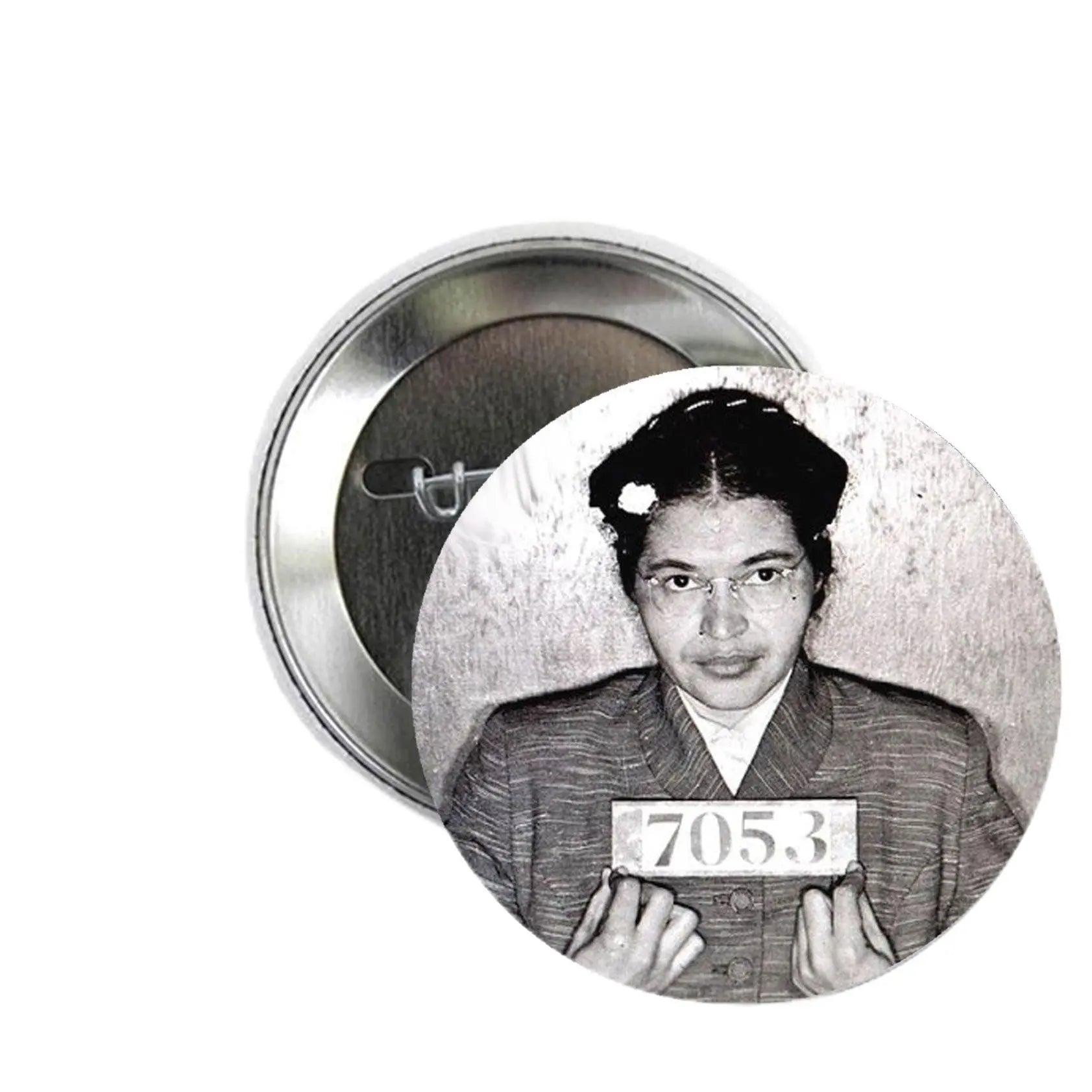 Round pinback button with black-and-white portrait of Rosa Parks holding sign 705.3