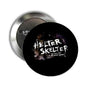 Round pinback badge with black face and white Helter Skelter graphic