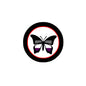 Round pinback button with black border, red ring, and black-and-purple butterfly icon