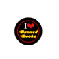 I Love Banned Books pinback button with black border, red heart, and “Banned Books” text