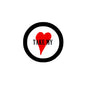 Round pinback button brooch with black rim, red heart, and 'TAKE MY' text