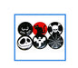 Set of 6 Halloween pinback buttons with cat, ghost, skull, bat, and spiderweb designs
