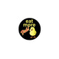 Round black pinback button with yellow fish and 'eat more fish' lettering