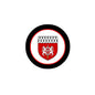 Coat of arms round magnet with black border, red ring, and shield crest