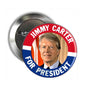 Round lapel pin with Jimmy Carter portrait and red-white-blue 'FOR PRESIDENT' text