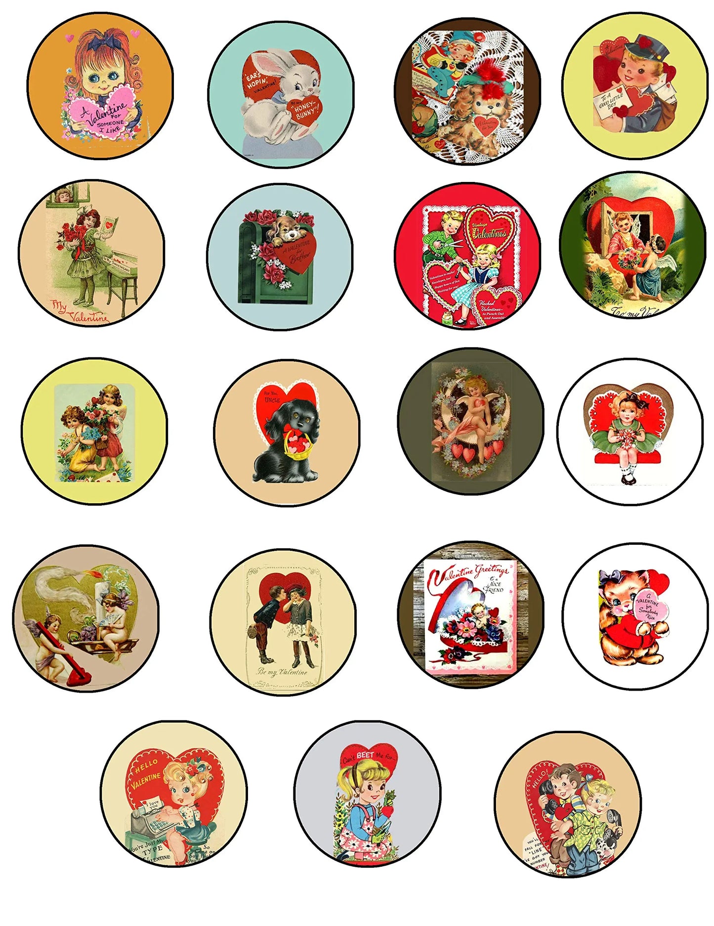 Round pinback badge assortment with Valentine illustrations and hearts