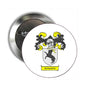 Round metal coat-of-arms pinback with yellow lions, black shield, and Wynants banner