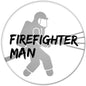 Circular Firefighter Man pinback button with firefighter silhouette and bold text