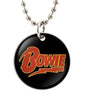 Round black pendant necklace with red and yellow Bowie logo on one side