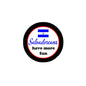 2.25-inch round pinback button with black rim and blue/red Salvadoran flag text