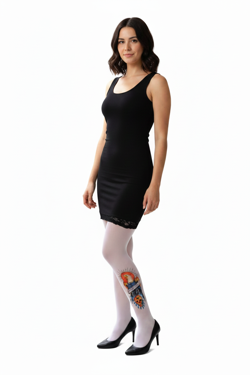 Tattoo leg sleeve with colorful skull and floral art on lower leg, sheer
