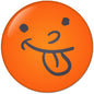 Orange round pinback button with black smiling face and curled mouth
