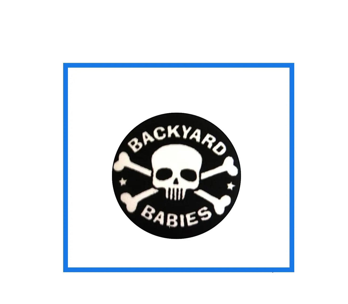 Round skull and crossbones drive pin badge, black with Backyard Babies lettering and stars.