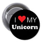 Unicorn pinback button, black with red heart and text “I ♥ MY Unicorn”