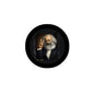 2.25-inch pinback badge, black round border, bearded man portrait raising hand
