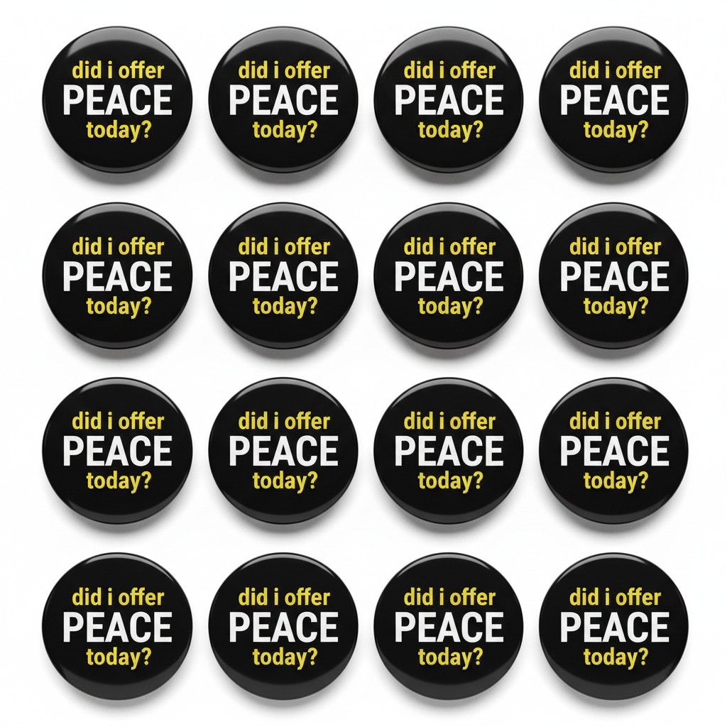 Set of 12 round black pinback buttons with 'did i offer PEACE today?' text