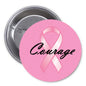 Pink awareness ribbon pinback badge with Courage text, 2.25-inch round badge