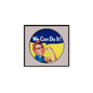 Kids pinback button, round design with Rosie illustration and “We Can Do It!” text