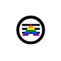 Rainbow triangle pride flag pinback badge with black circular border