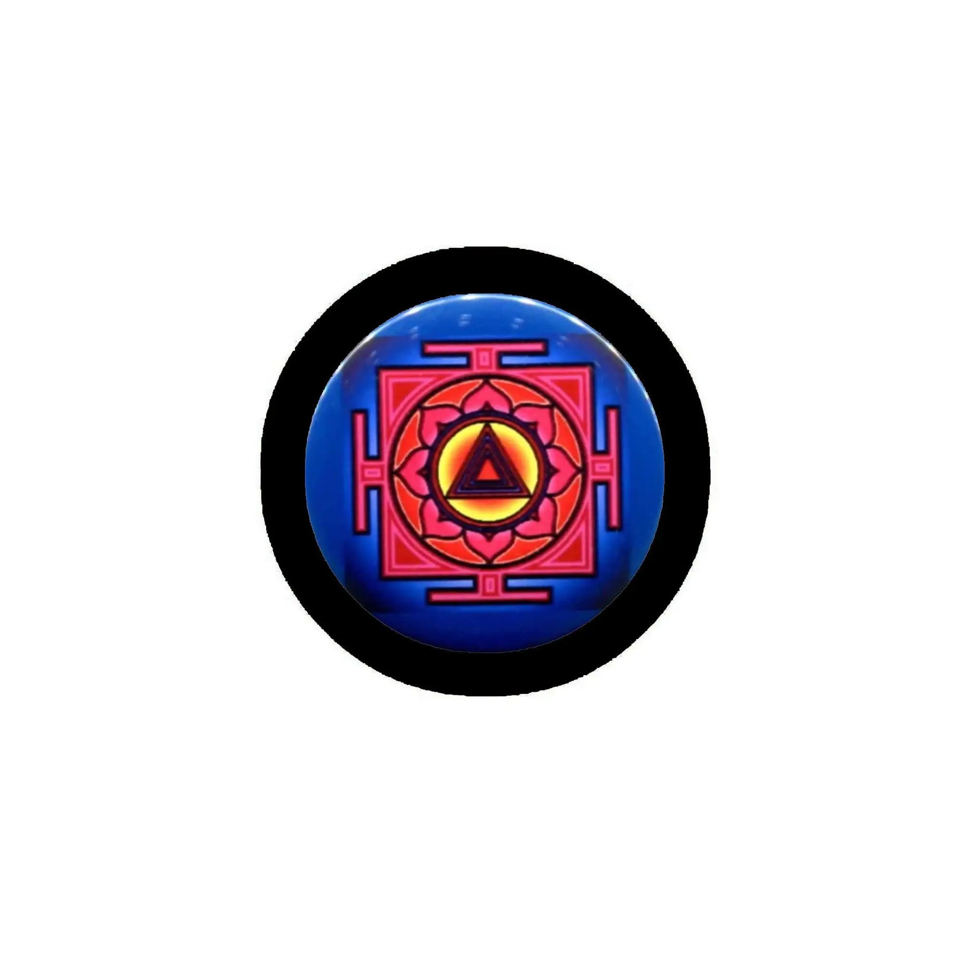 Kali yantra trance pinback badge with colorful circular emblem on dark background