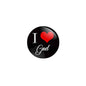 2.25-inch pinback badge, black round with red heart and I Love God text