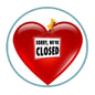 Red heart pinback button with "SORRY, WE'RE CLOSED" text