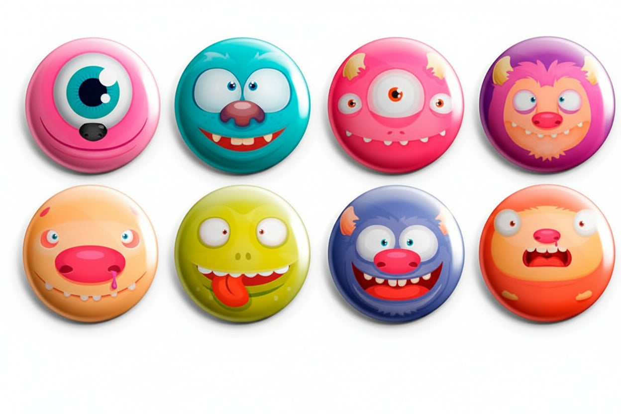 Close-up set of eight monster face pinback buttons in bright colors
