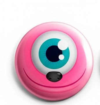 Pink monster face pinback button with teal eye and black nose detail