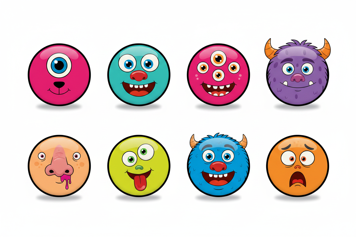 Set of eight different monster face pinback buttons with varied colors and expressions