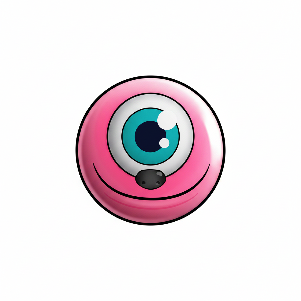 Round monster face pinback button with teal eyes, white pupils, pink rim