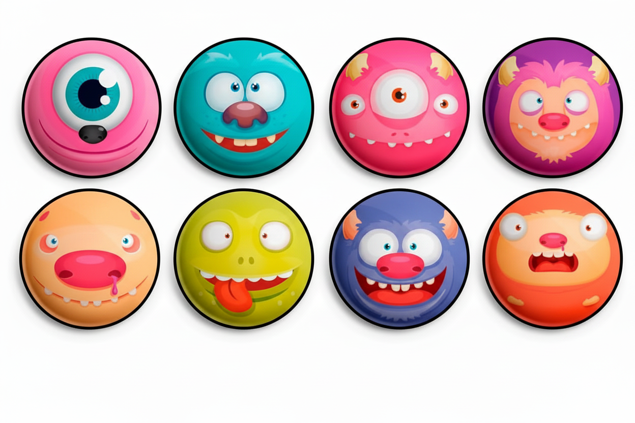 Set of eight colorful monster face pinback buttons in assorted designs