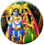 2.25-inch round glossy pinback button with Vishnu and Lakshmi artwork, blue and green figures