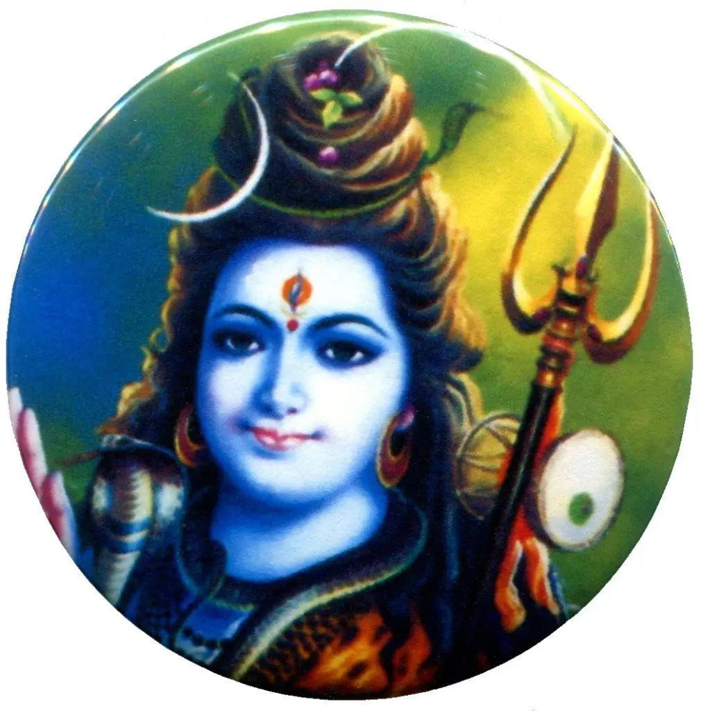 Round Hindu deity pin badge with blue face and trident illustration, vibrant colors