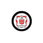 Coat of arms pinback badge with black rim and red shield crest