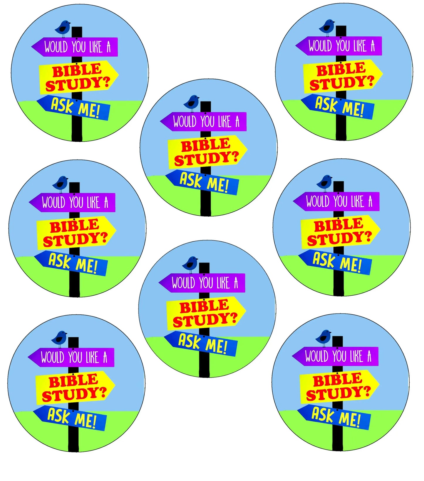 Set of round colorful magnets with 'Would you like a Bible Study? Ask Me!' text