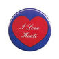 Round pinback button with red heart and white text, blue outer border