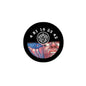 2.25-inch round pinback button with black rim and colorful face, numbers, and knot design