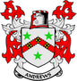 Round coat of arms crest fridge pin with red, white, and green shield and stars