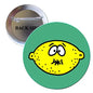 Lemon character pinback button brooch with green border and yellow graphic