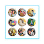 Set of 9 round pinback buttons with illustrated cartoon character faces